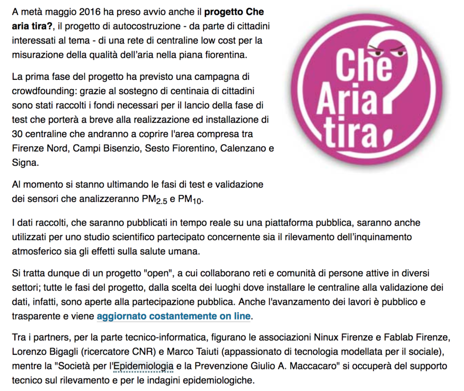 Anche l'Agenzia Regionale ARPAT parla bene del progetto "Che Aria Tira"