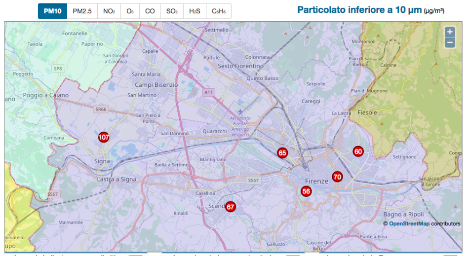 Mappa della qualità dell'aria con i livelli di l'inquinamento registrati dalle centraline ARPAT posizionate nell'Agglomerato di Firenze e i relativi sforamenti di PM2.5 e PM10
